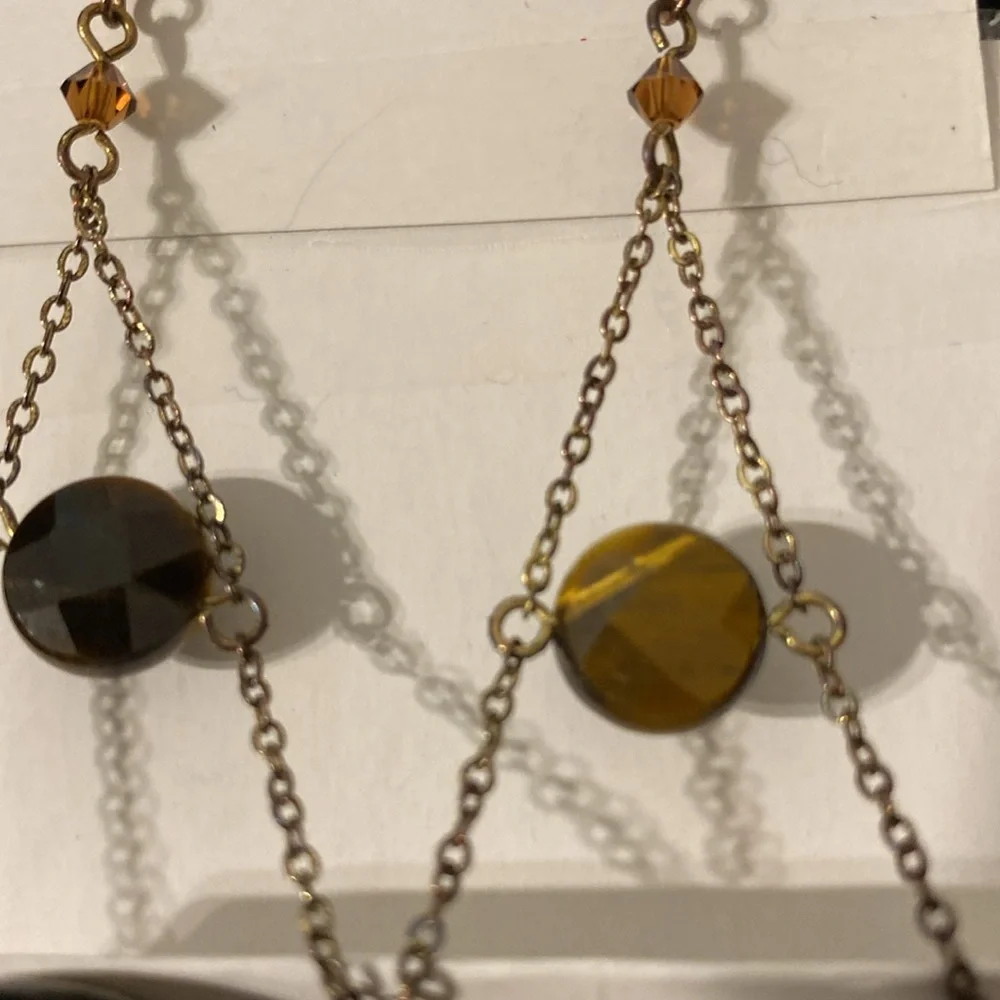 Brass Chain Facet Cut Tiger's Eye Bead Drop Chandelier Earrings